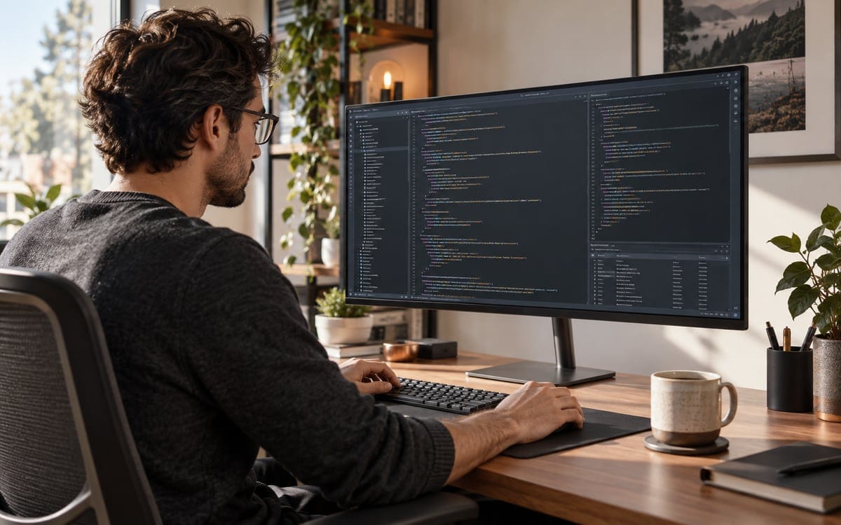 AI-generated editorial photograph of a developer viewing code on a large desktop monitor.