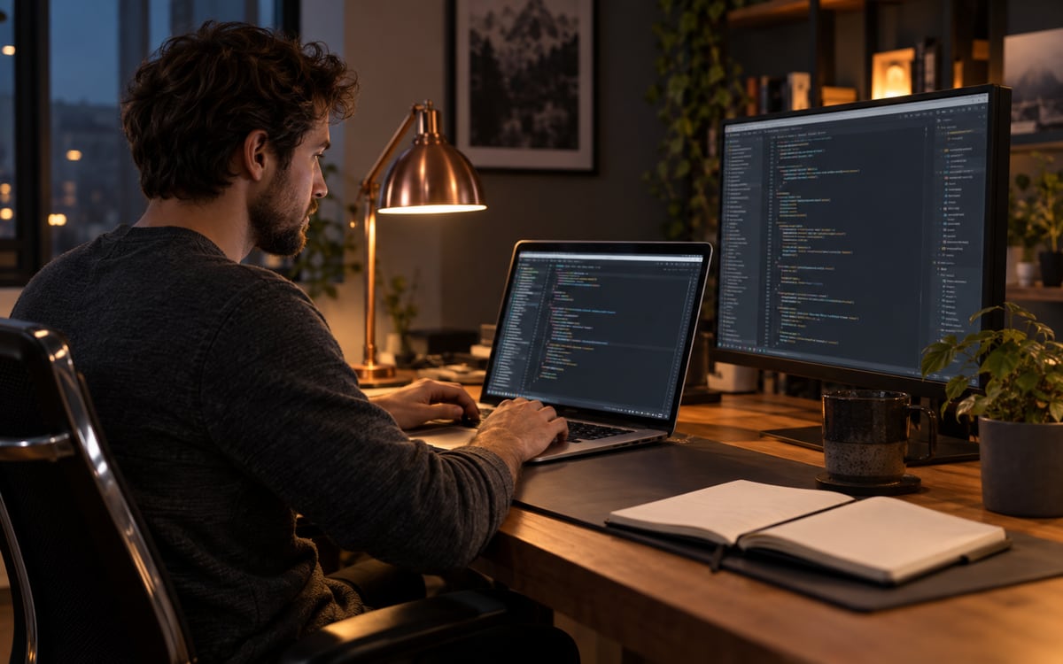 AI-generated editorial photograph of a generic developer workstation used to illustrate reviewing an agent's work.