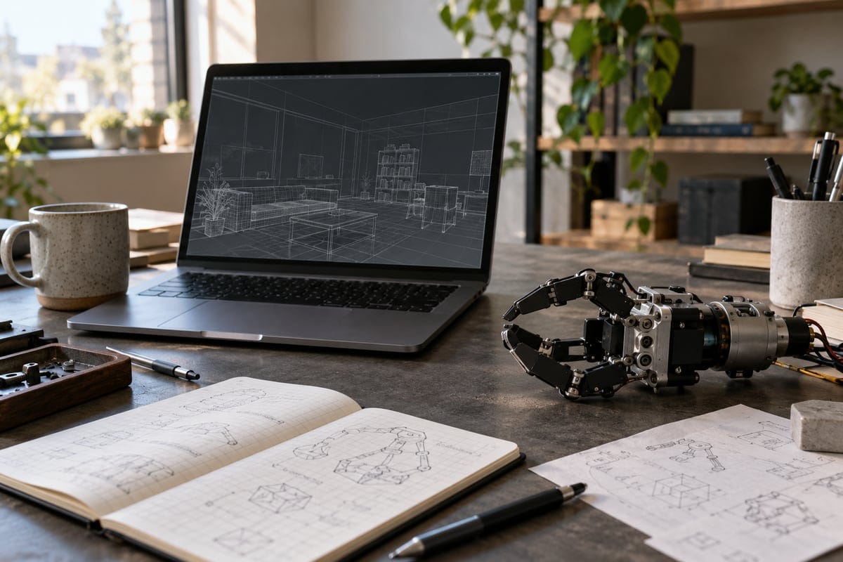AI-generated editorial illustration of a laptop displaying a room wireframe beside an unbranded robotic gripper and experiment notes.
