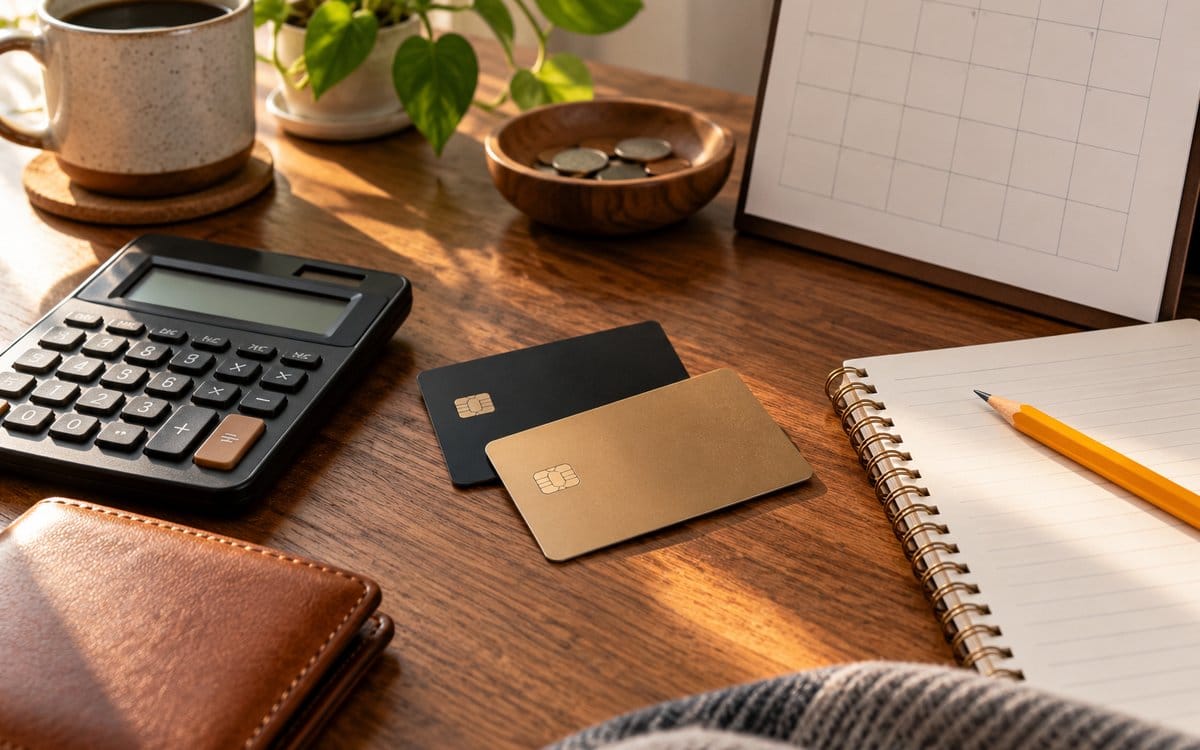 AI-generated editorial scene of blank bank cards, a calculator and a household budgeting notebook.