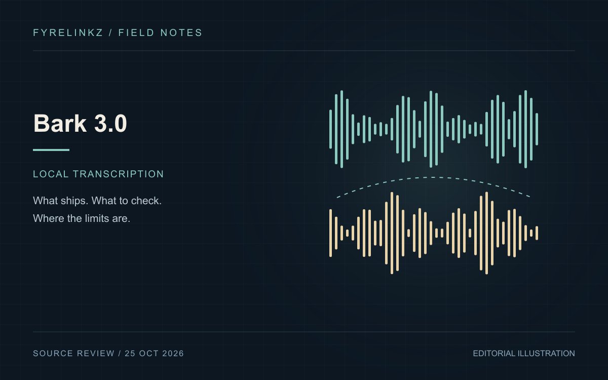 Two stylized speech waveforms in an original Bark 3.0 transcription illustration.