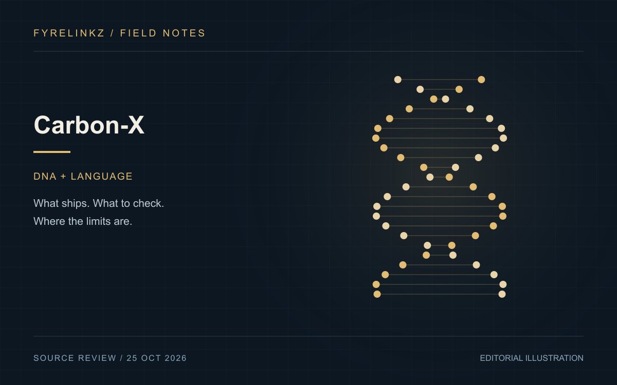 A stylized DNA double helix made of colored points in an original Carbon-X illustration.