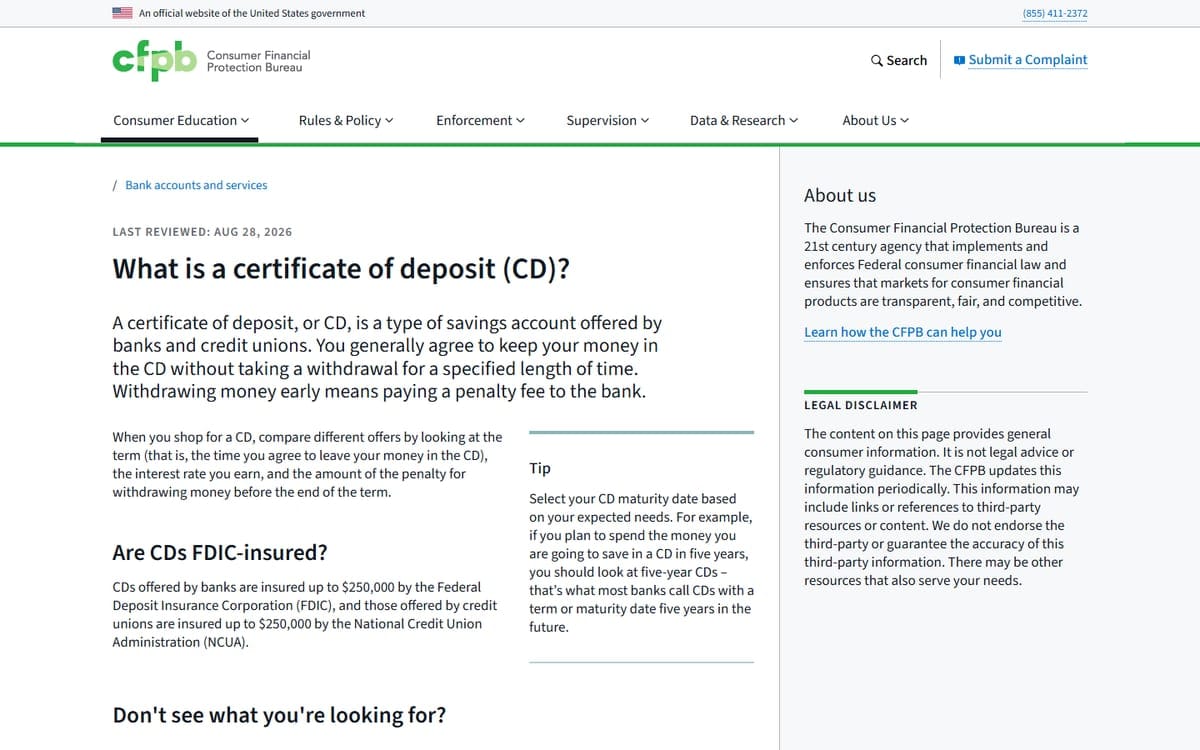 Screenshot of the Consumer Financial Protection Bureau explainer: What is a certificate of deposit (CD)?