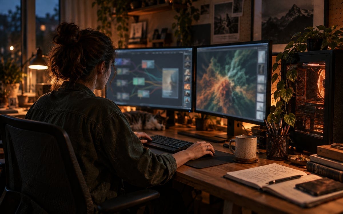 Generated editorial photograph: Creator working with a local AI workflow across two computer monitors.