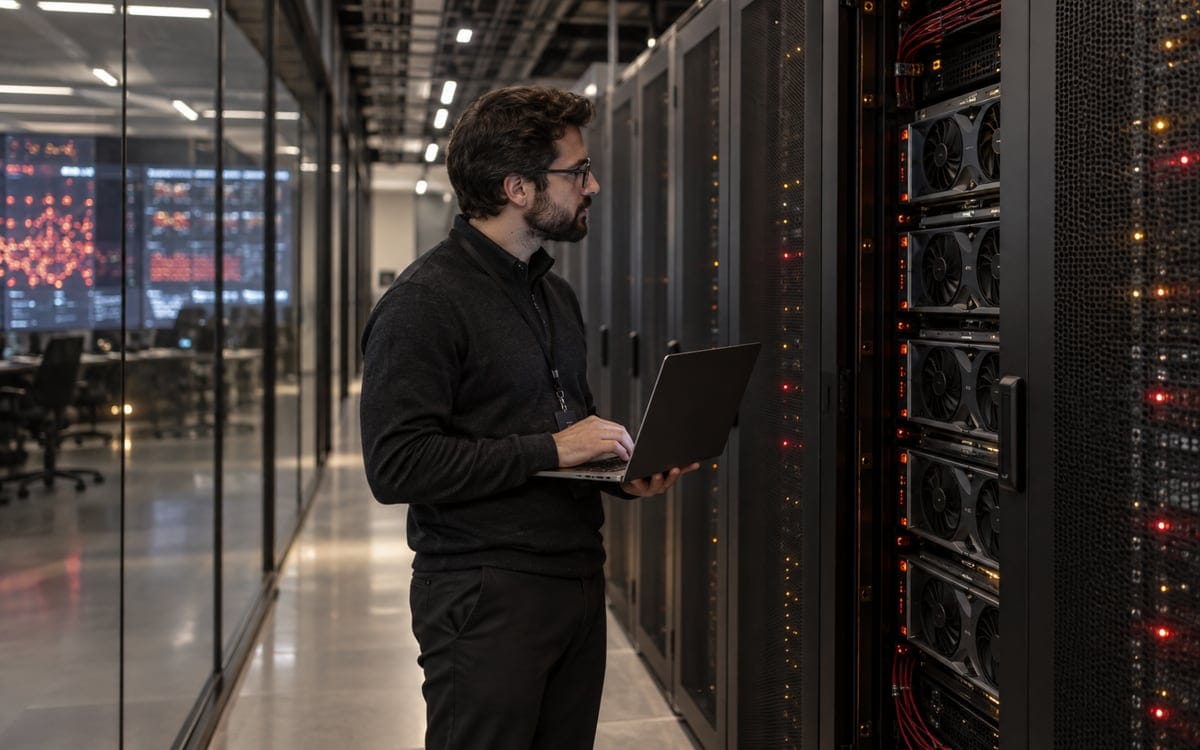 Generated editorial photograph: Platform engineer monitoring GPU servers in an enterprise data center.