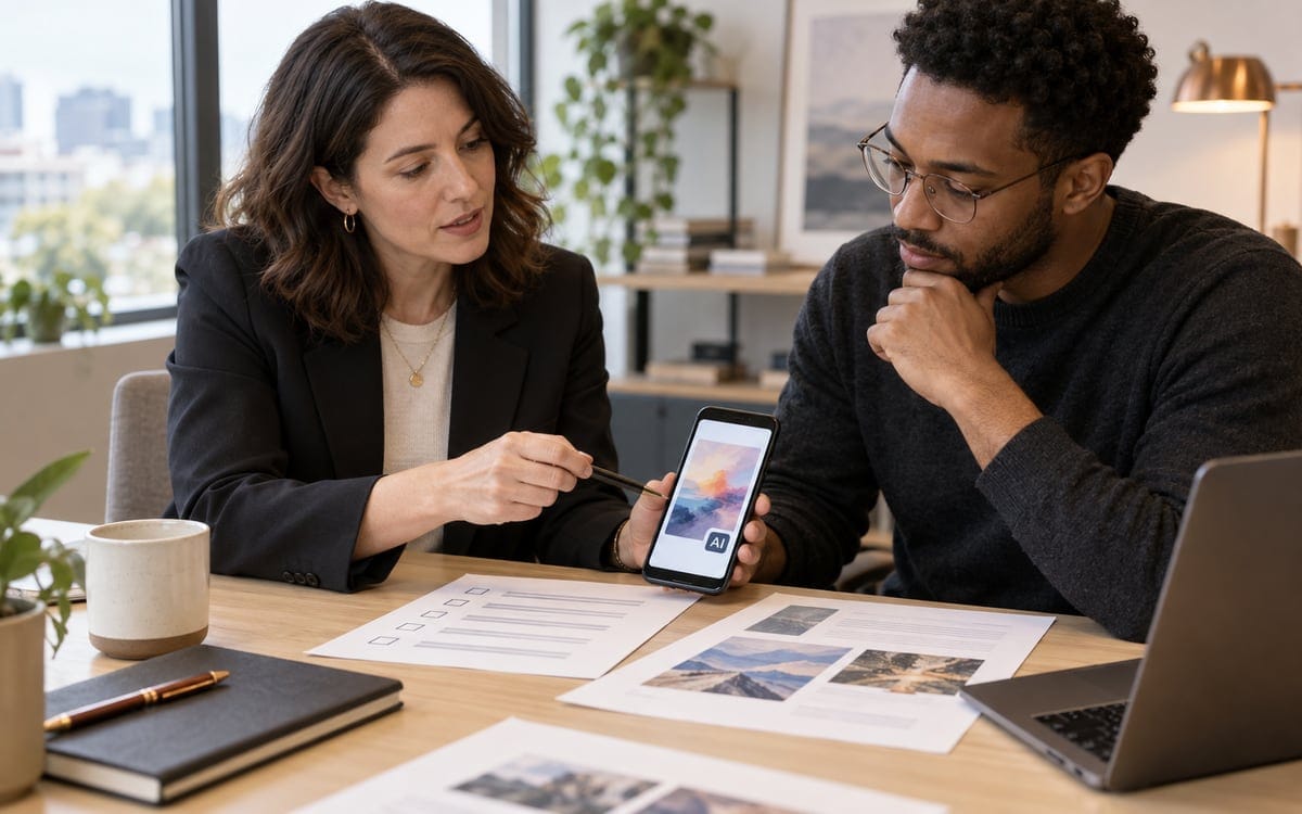 AI-generated editorial photograph of two people reviewing printed pages and a tablet at a desk.