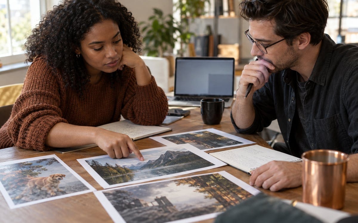 AI-generated editorial photograph of people comparing notes at a generic workspace; not an investment performance chart.