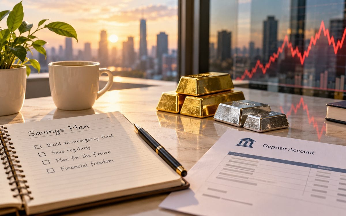 AI-generated editorial illustration of a savings notebook, coins, gold and silver on an ivory desk.