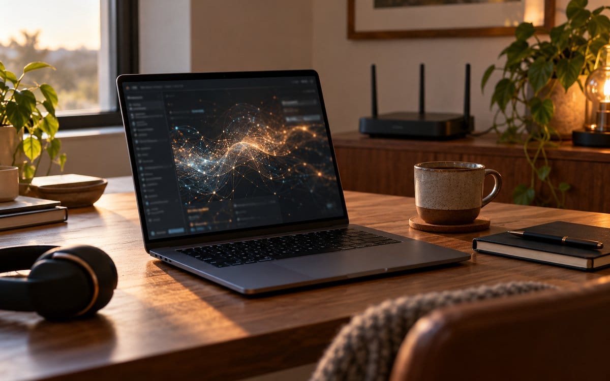 AI-generated editorial scene of a laptop on a quiet home desk in warm natural light.