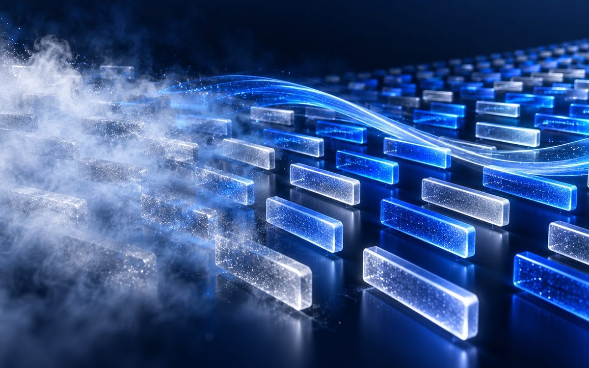 AI-generated editorial illustration of silver and cobalt blocks resolving into ordered parallel streams.