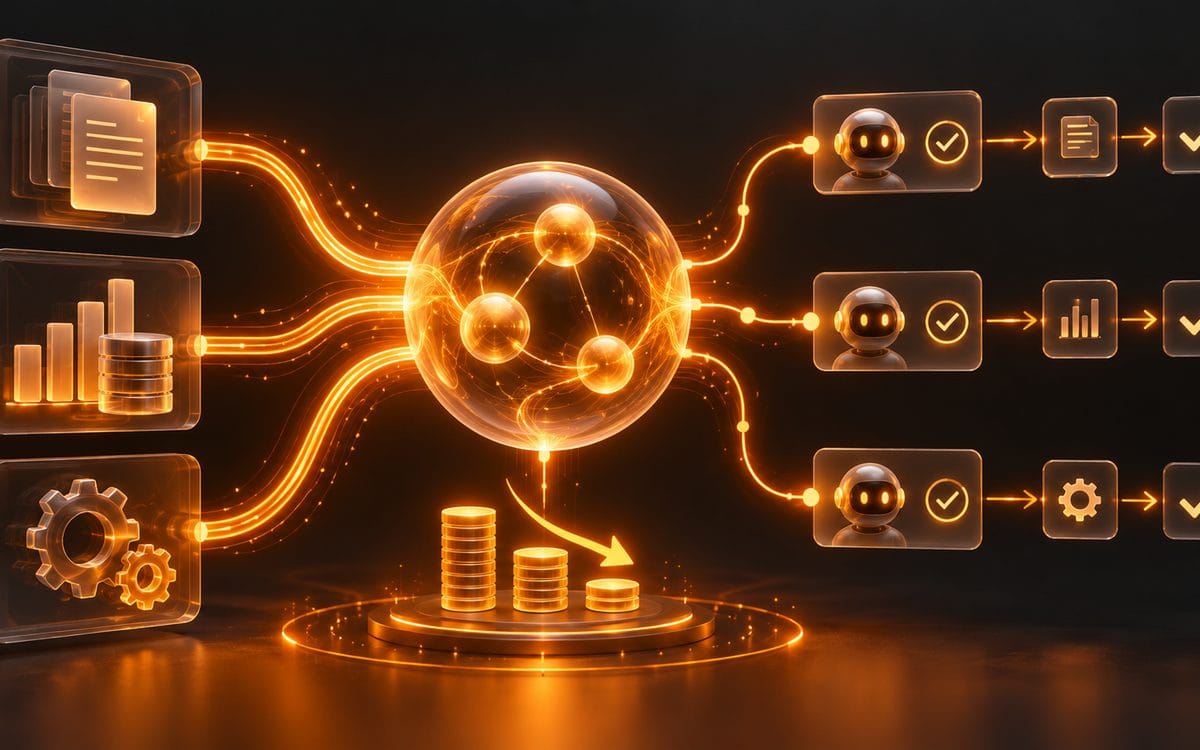AI-generated editorial illustration of an amber orchestration hub connected to task panels.