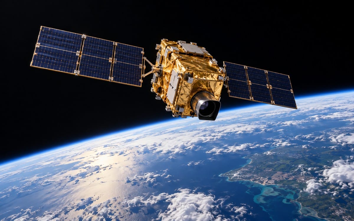 AI-generated illustration of a generic gold-insulated satellite with blue solar panels above Earth's curved horizon.