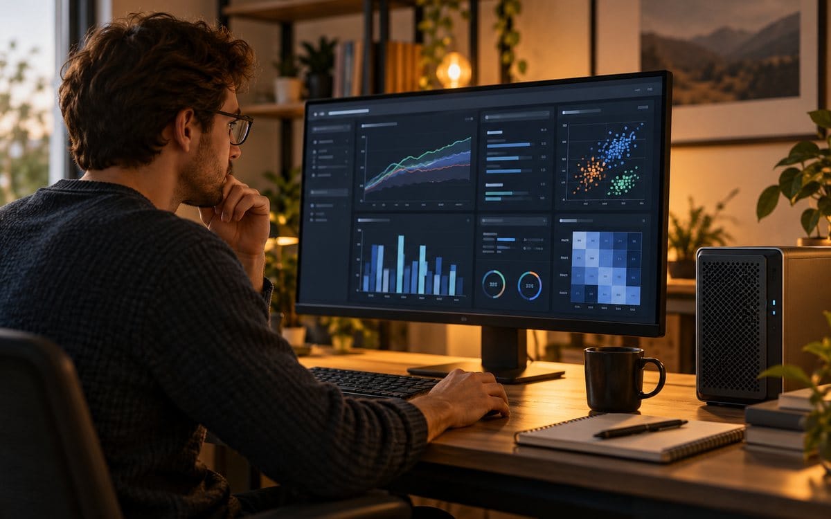AI-generated editorial illustration of an AI workstation with an abstract evaluation dashboard and compact server.
