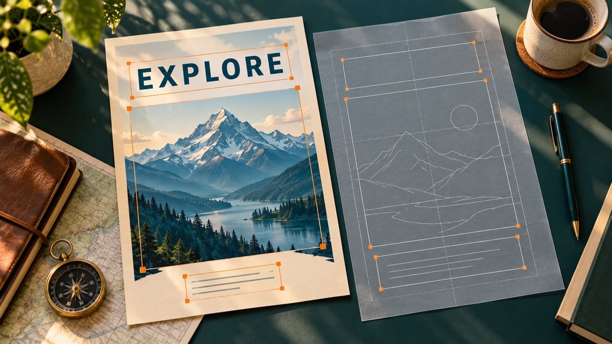 AI-generated editorial illustration of a mountain poster beside a structured layout sheet with orange bounding-box markers.