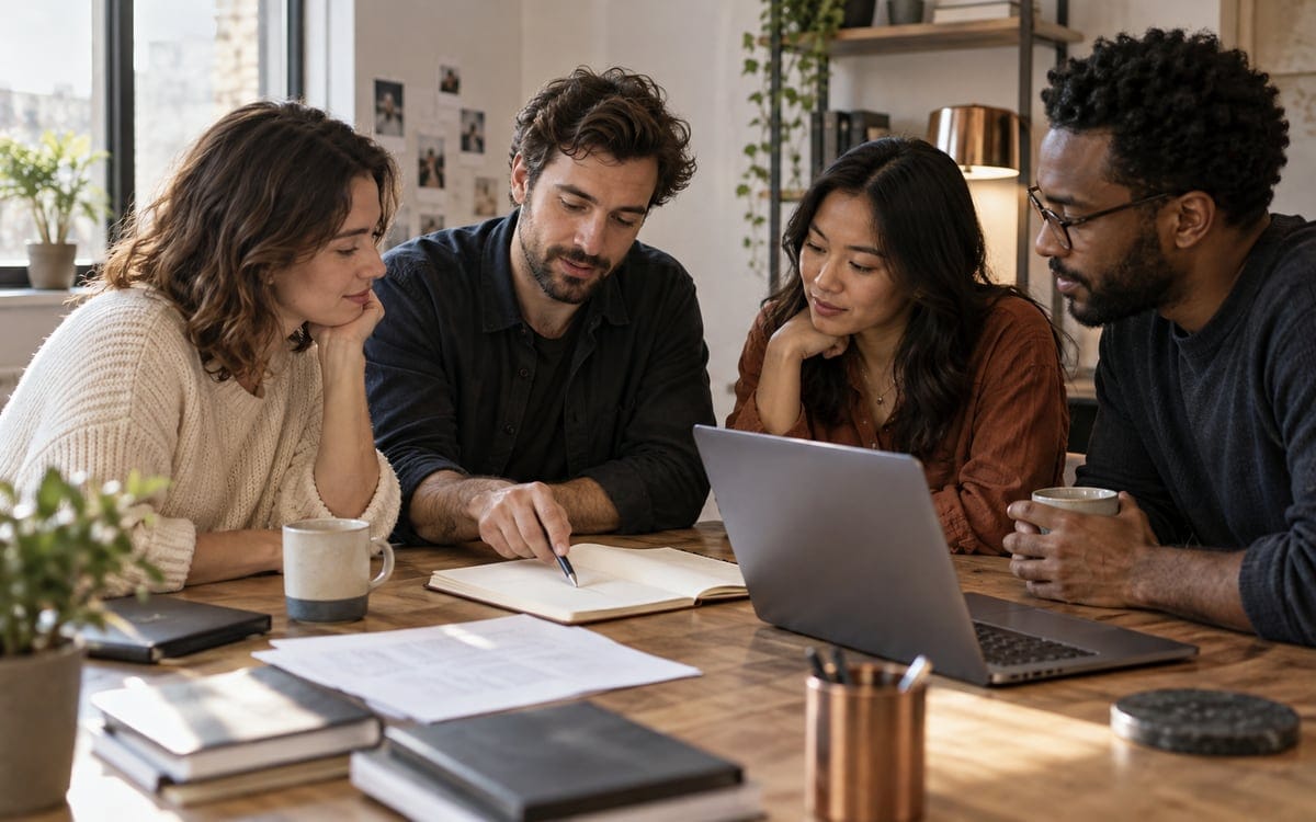 AI-generated editorial photograph of a team gathered around an open laptop at a table.