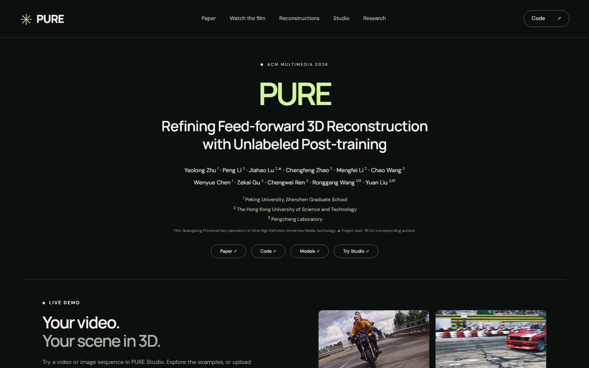 Screenshot of the PURE project page with the paper title, authors and live demo section