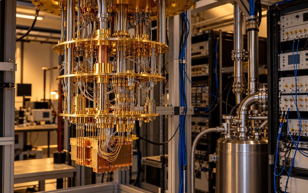 AI-generated editorial illustration of gold-colored quantum laboratory equipment and instrument cables.