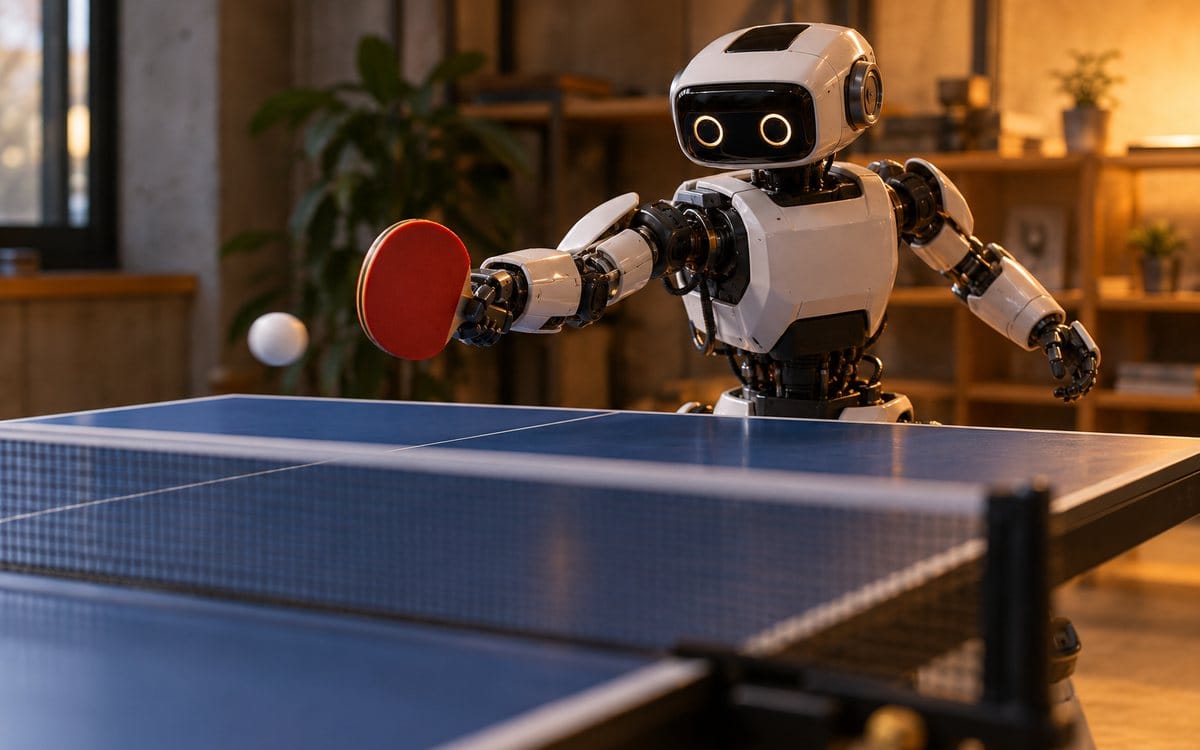 AI-generated editorial illustration of a research robot at an indoor table-tennis table.
