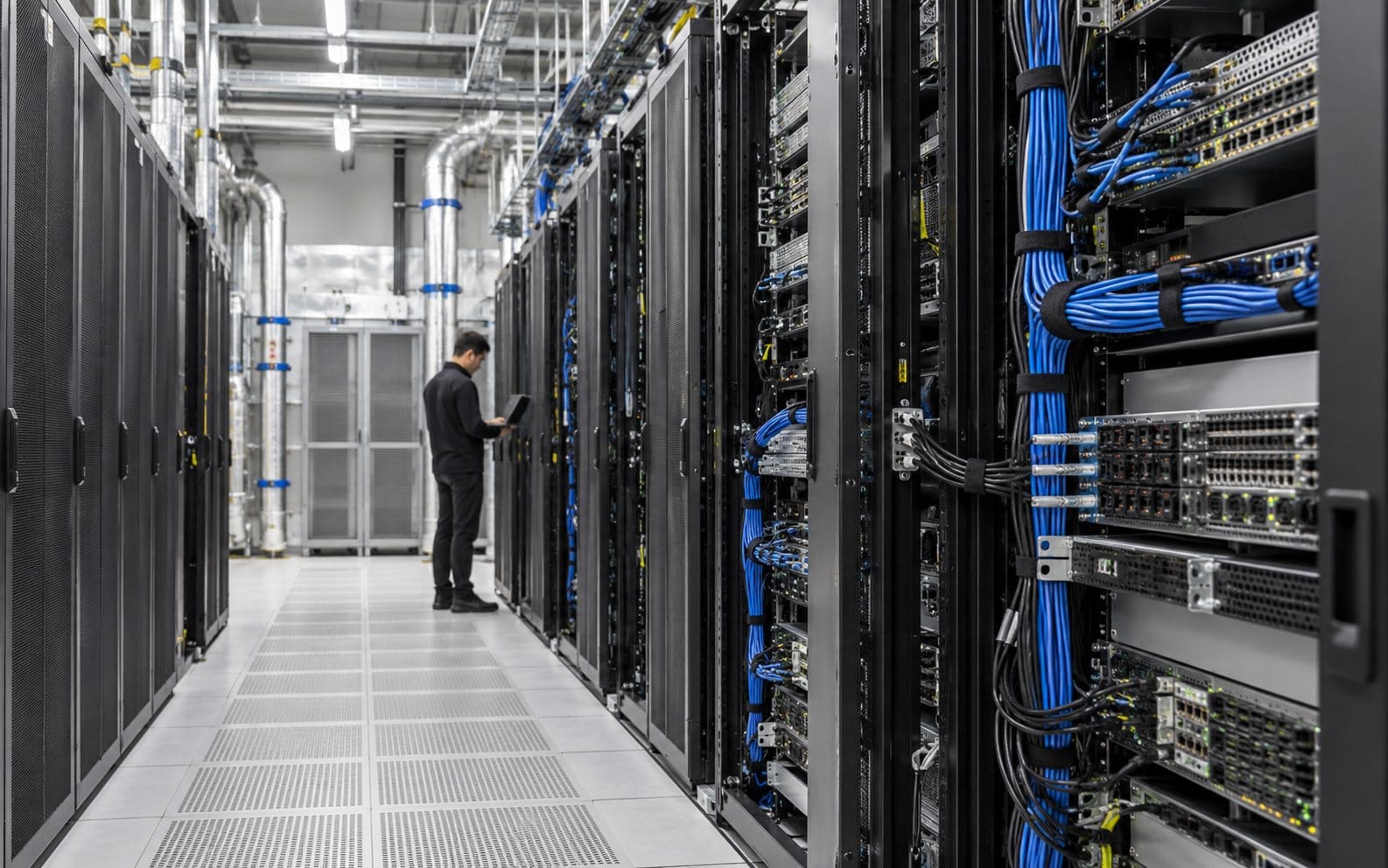 AI-generated editorial photograph of server cabinets and cooling pipes with a person inspecting equipment in a data-center aisle.