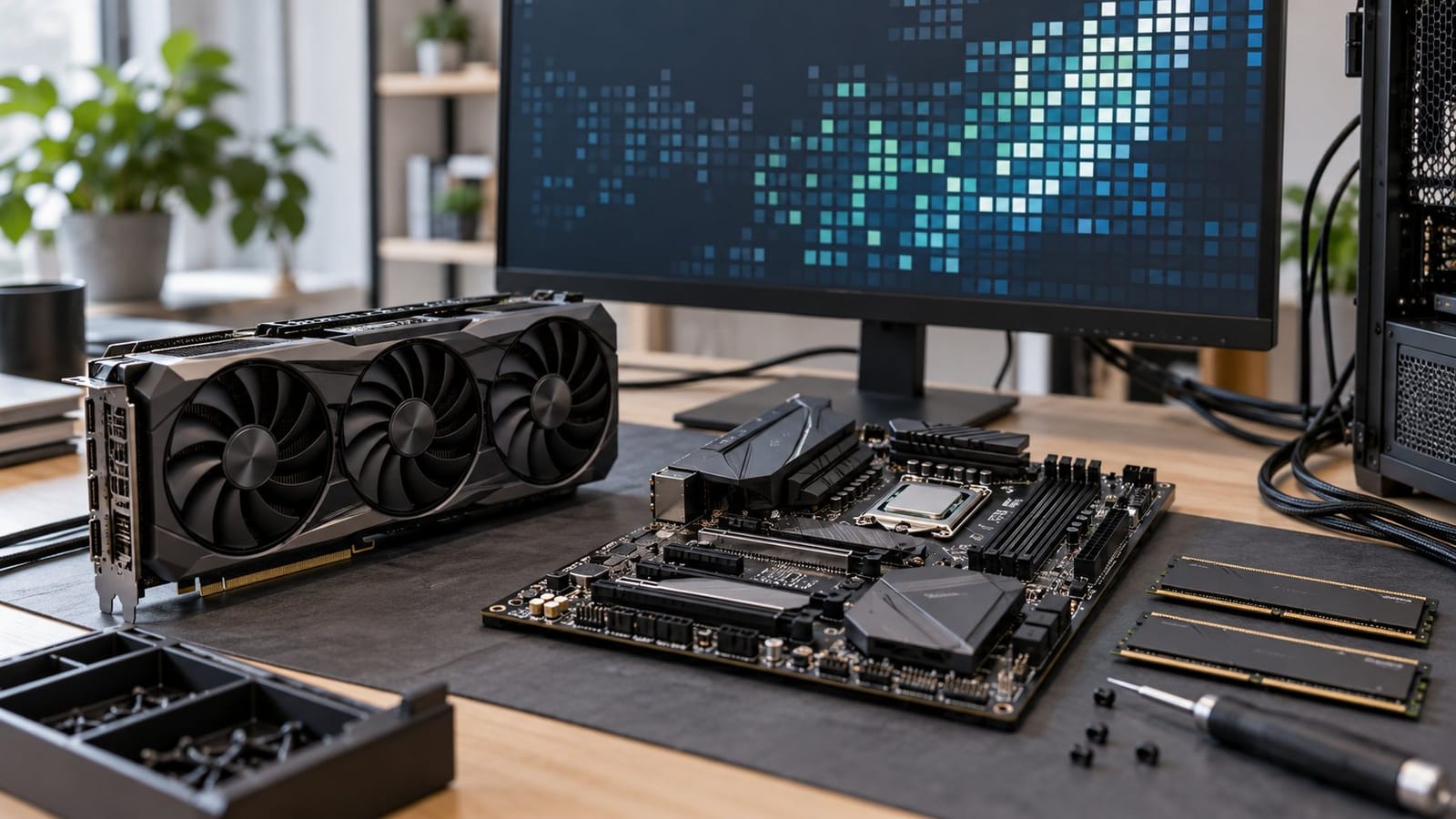 AI-generated editorial photograph of a graphics card, motherboard and memory modules beside a monitor displaying abstract colored blocks.