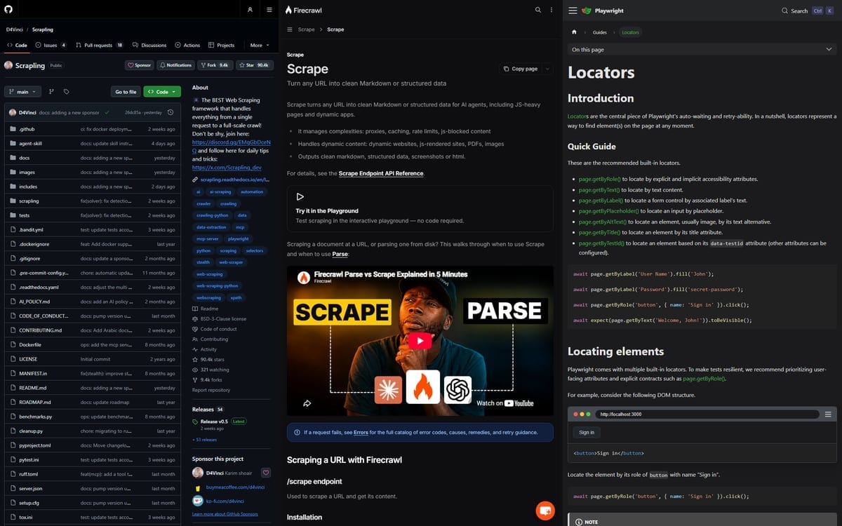 Screenshots of the Scrapling GitHub repository, Firecrawl Scrape docs and Playwright Locators docs