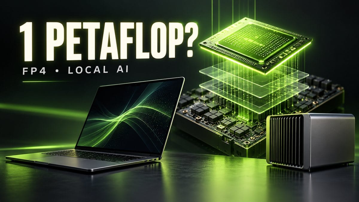 AI-generated conceptual illustration of a laptop, compact desktop and green processor beside the words 1 PETAFLOP.