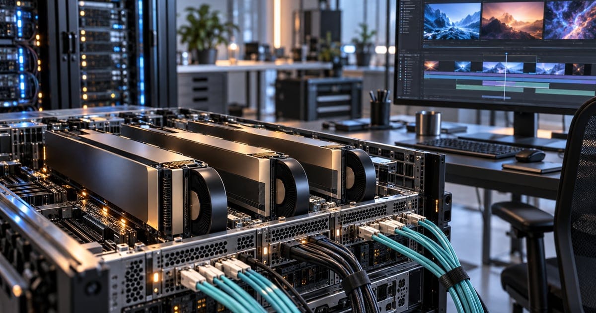 AI-generated editorial photograph of a multi-GPU server beside a video editing timeline, illustrating TaoMate H3 hardware requirements.