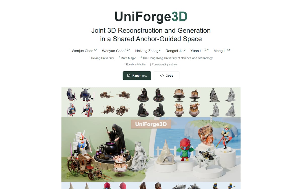 Screenshot of the UniForge3D project page with the paper title and example 3D assets