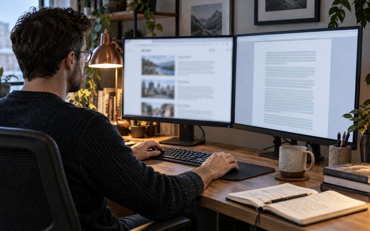 AI-generated editorial photograph of a person reviewing web pages on two monitors; illustrative online-verification scene.